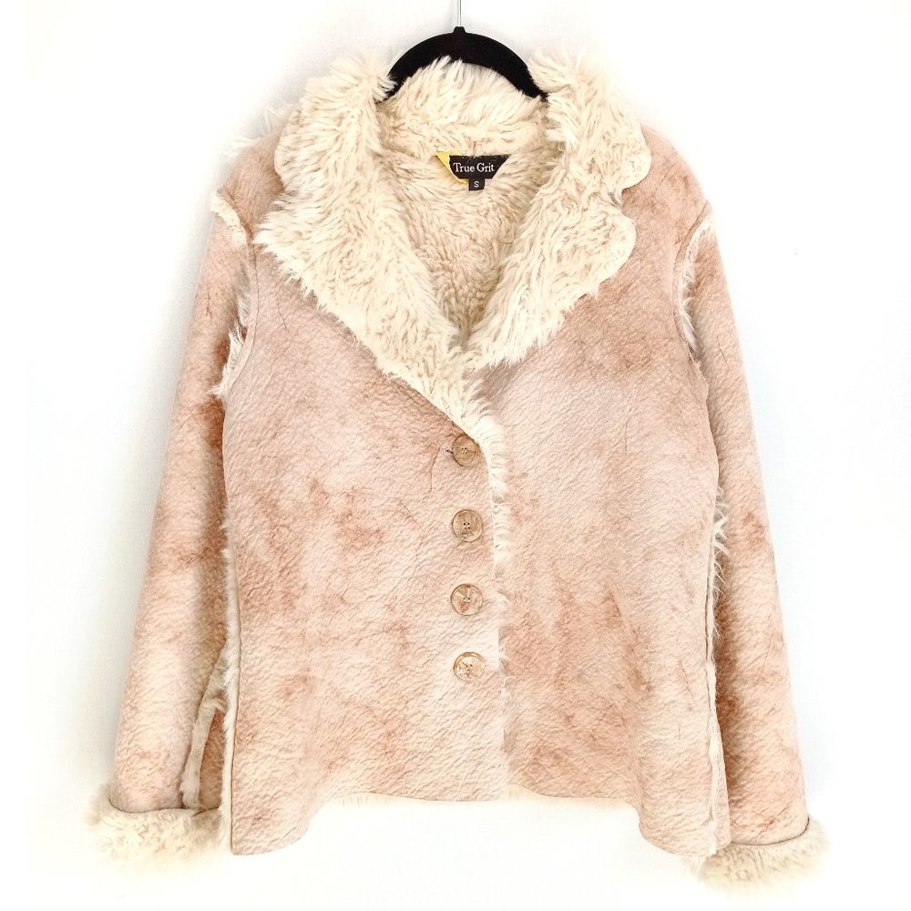 Vintage True Grit Faux Fur Suede Button Front Boho Blazer Jacket Beige Cream S